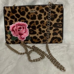 Kate Spade Leopard Print Crossbody with Pink Rose Applique and Gold Chain
